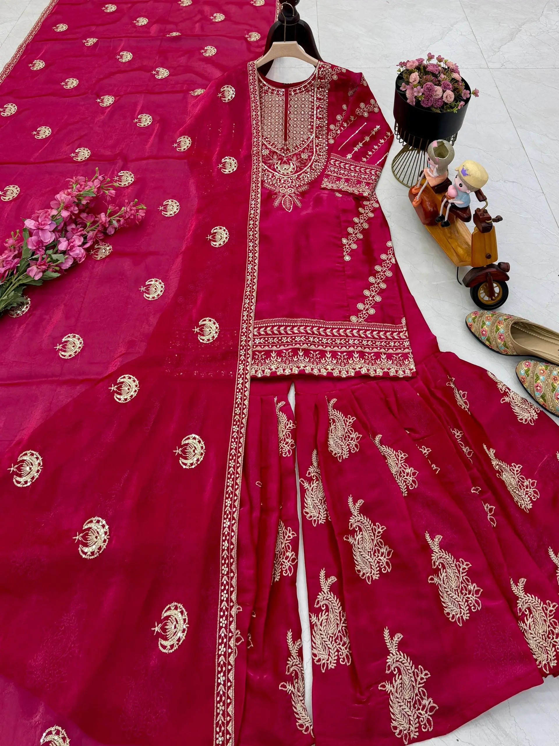 Designer Organza Silk Palazzo Suit Set for Wedding and Festive Wear
