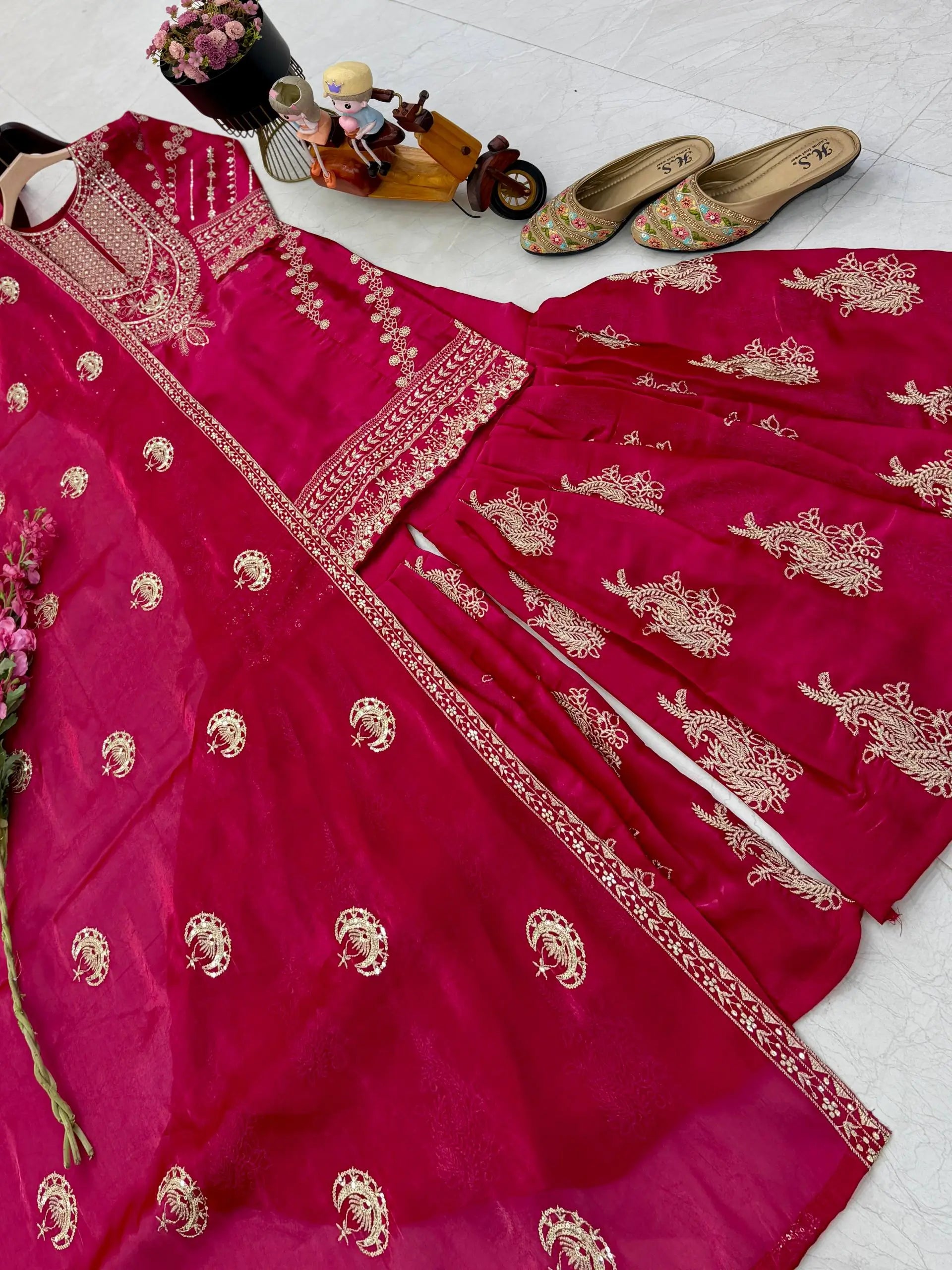 Designer Organza Silk Palazzo Suit Set for Wedding and Festive Wear