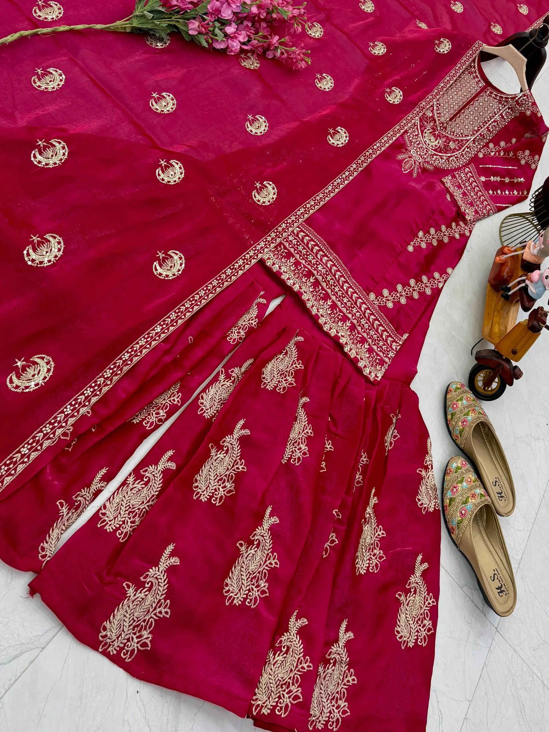 Designer Organza Silk Palazzo Suit Set for Wedding and Festive Wear
