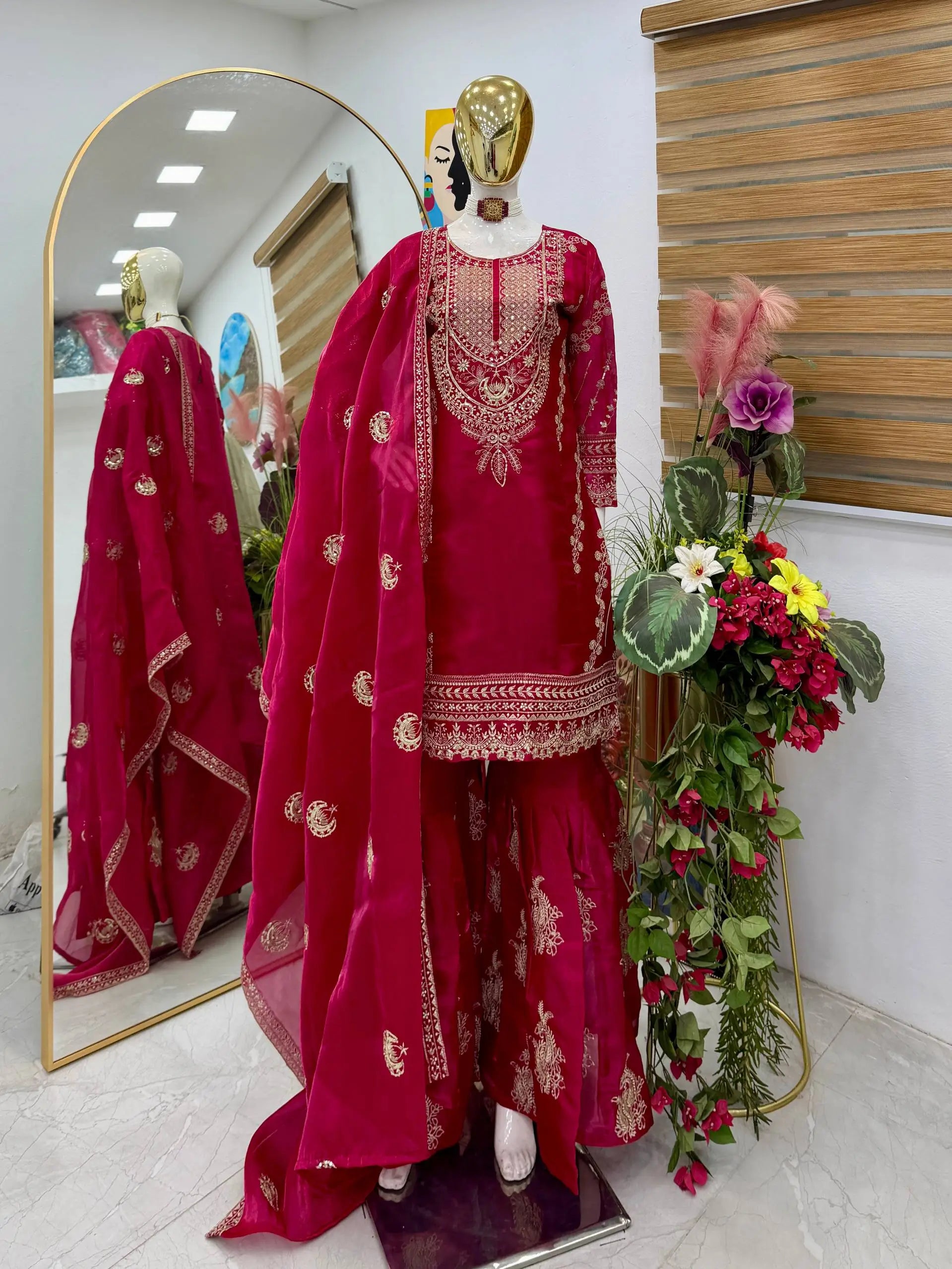Designer Organza Silk Palazzo Suit Set for Wedding and Festive Wear