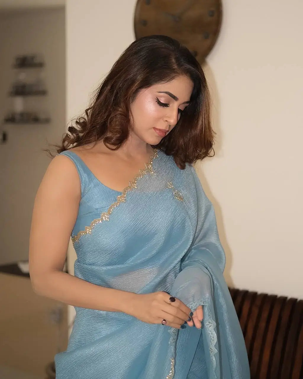 Designer Pixel Crush Saree with Handworked Blouse