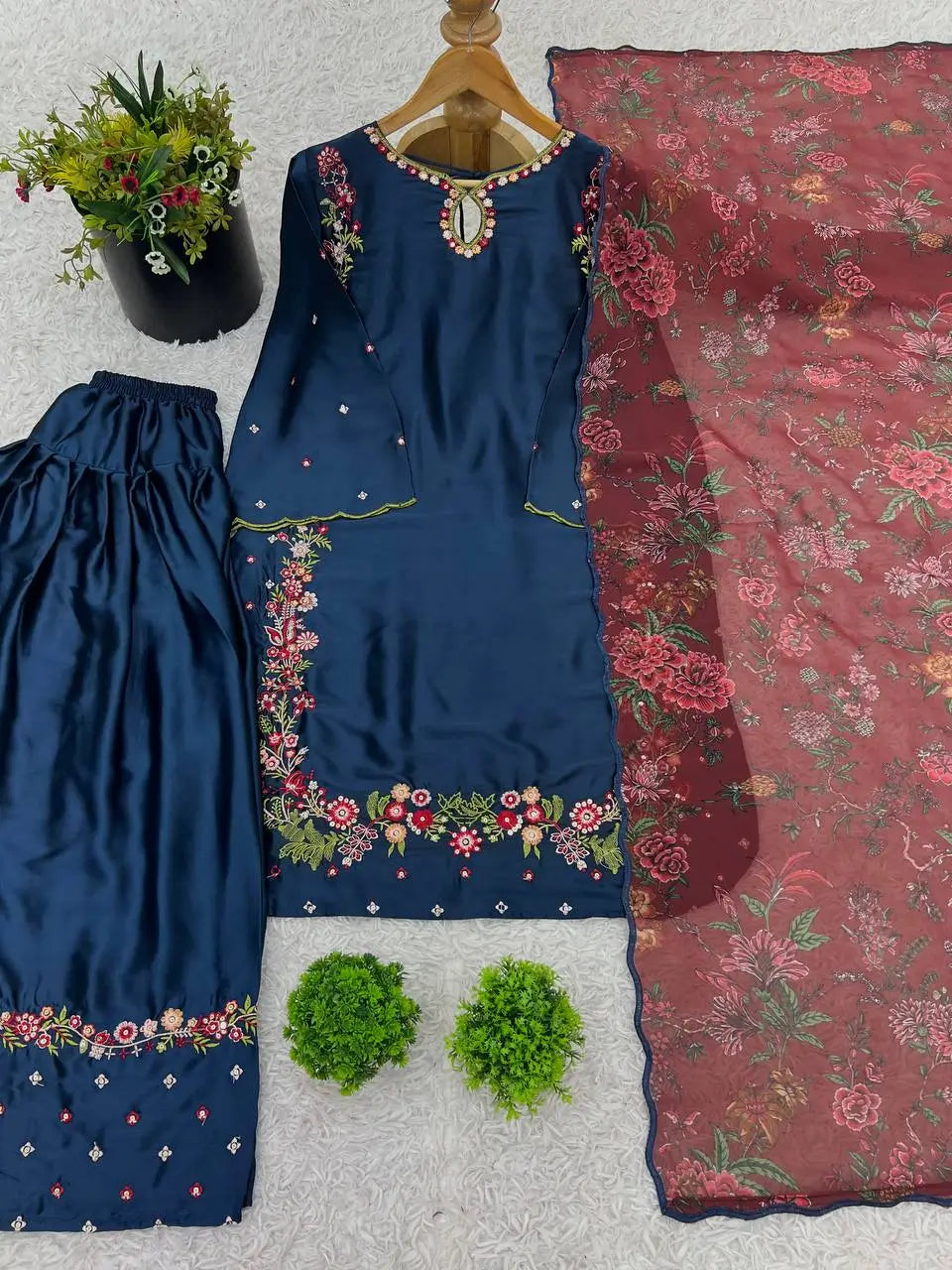 Designer Pure Crepe Silk Embroidered Suit Set with Dupatta