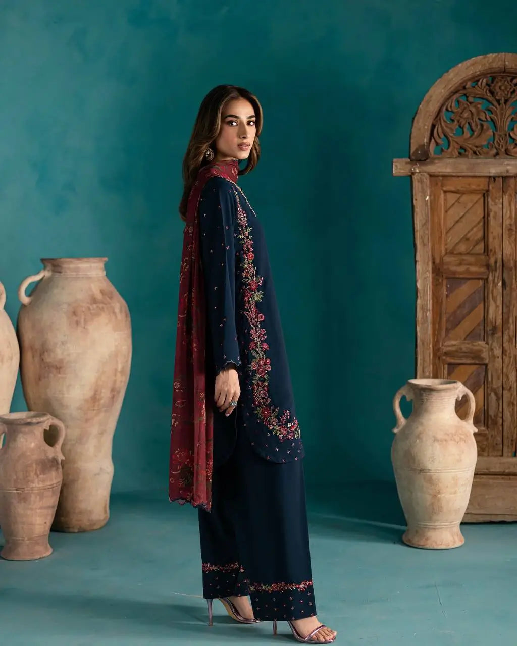Designer Pure Crepe Silk Embroidered Suit Set with Dupatta