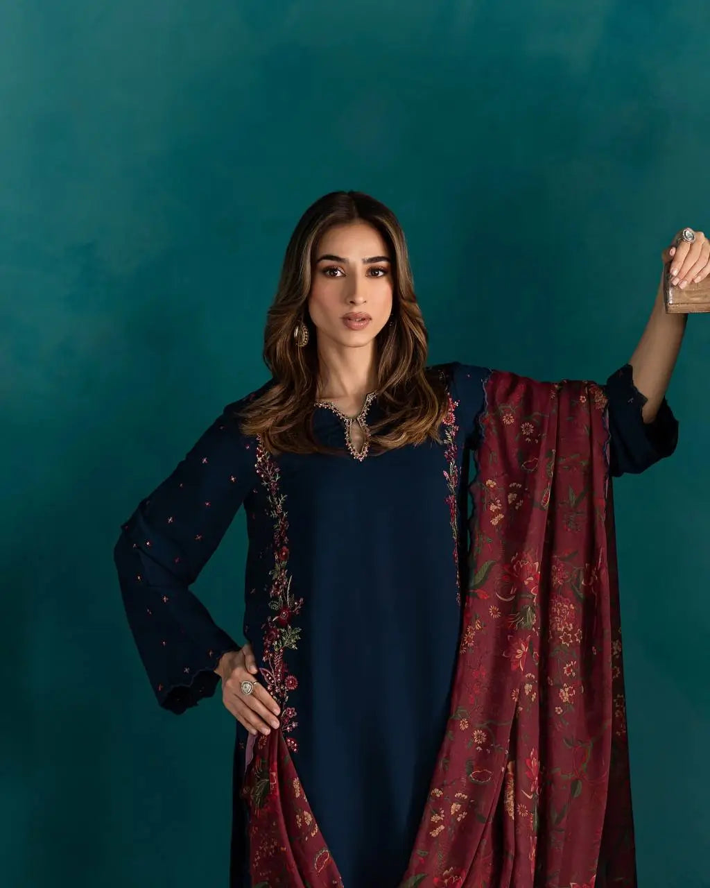 Designer Pure Crepe Silk Embroidered Suit Set with Dupatta