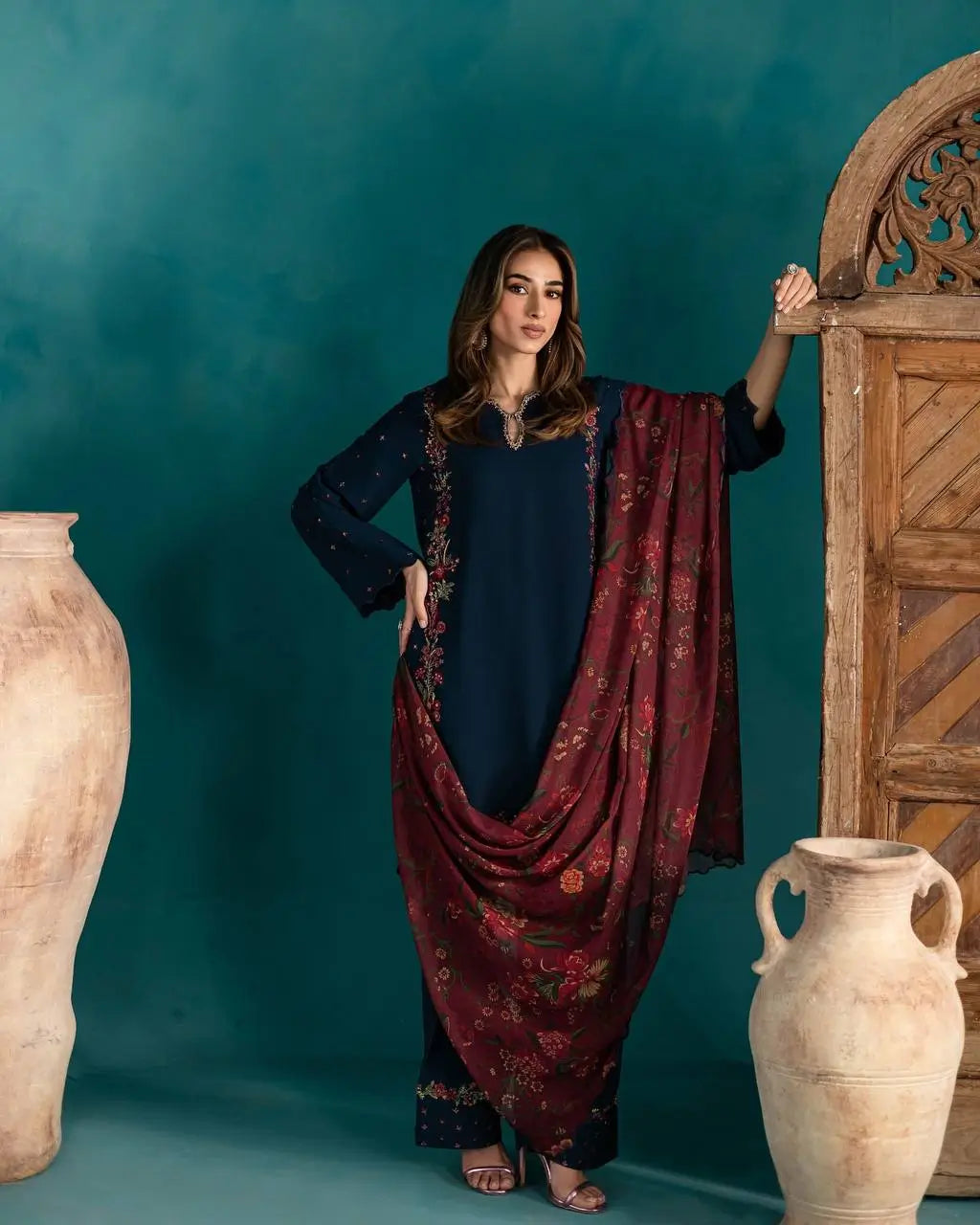 Designer Pure Crepe Silk Embroidered Suit Set with Dupatta