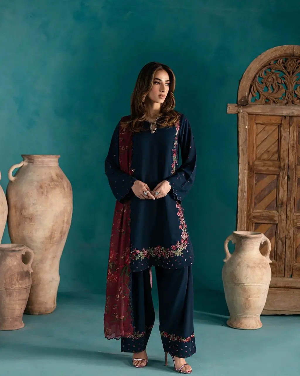 Designer Pure Crepe Silk Embroidered Suit Set with Dupatta