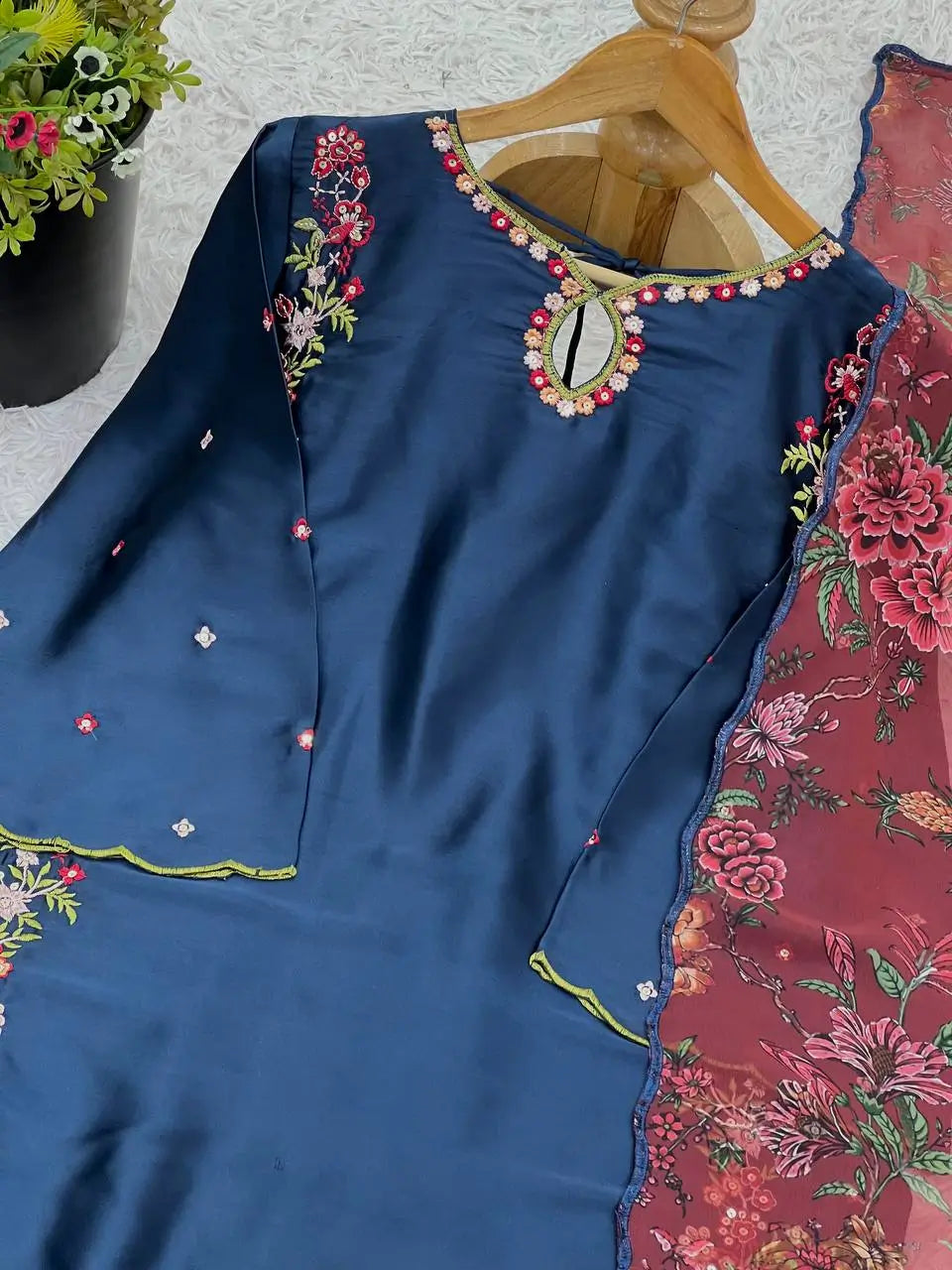 Designer Pure Crepe Silk Embroidered Suit Set with Dupatta