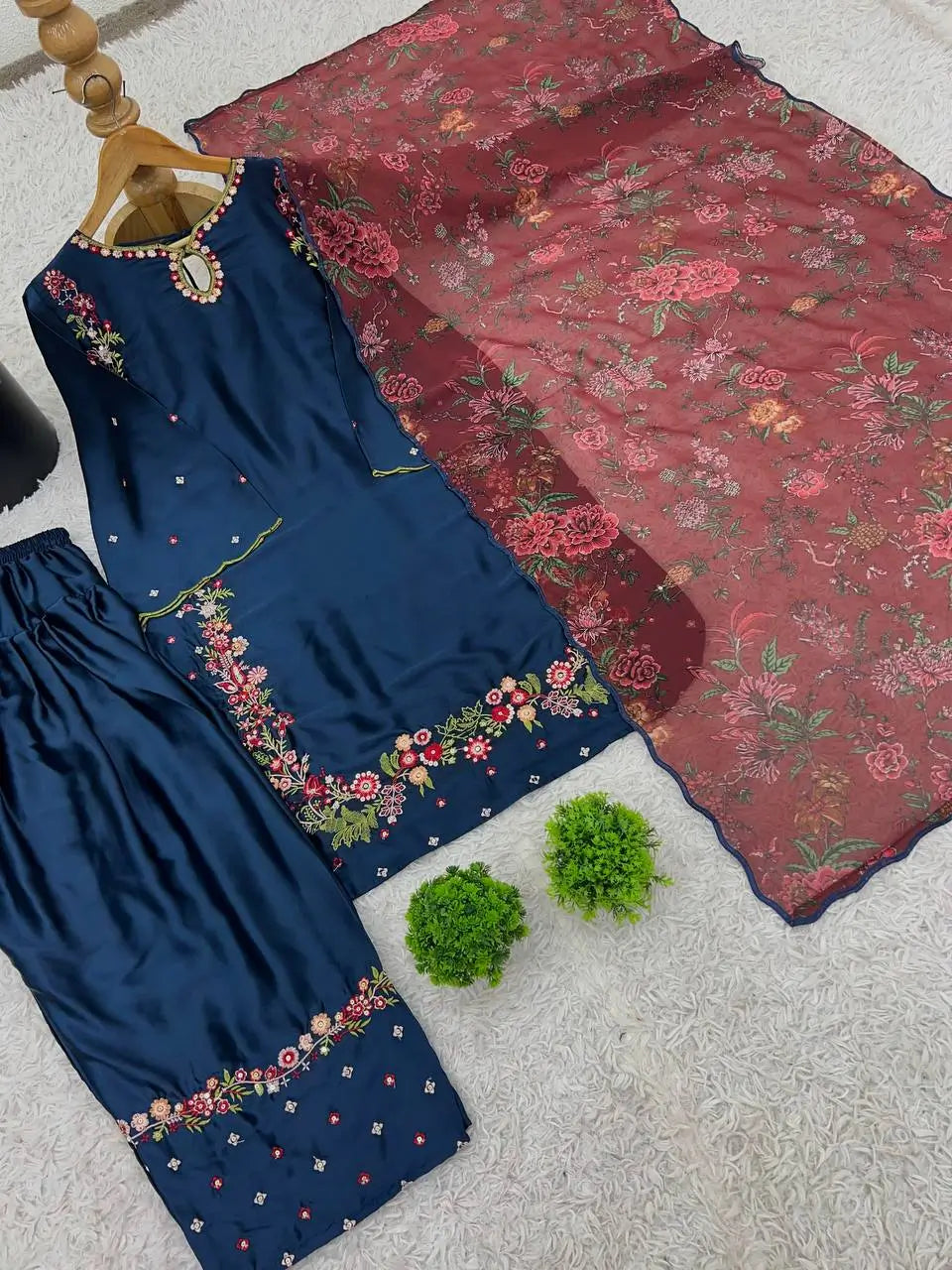 Designer Pure Crepe Silk Embroidered Suit Set with Dupatta