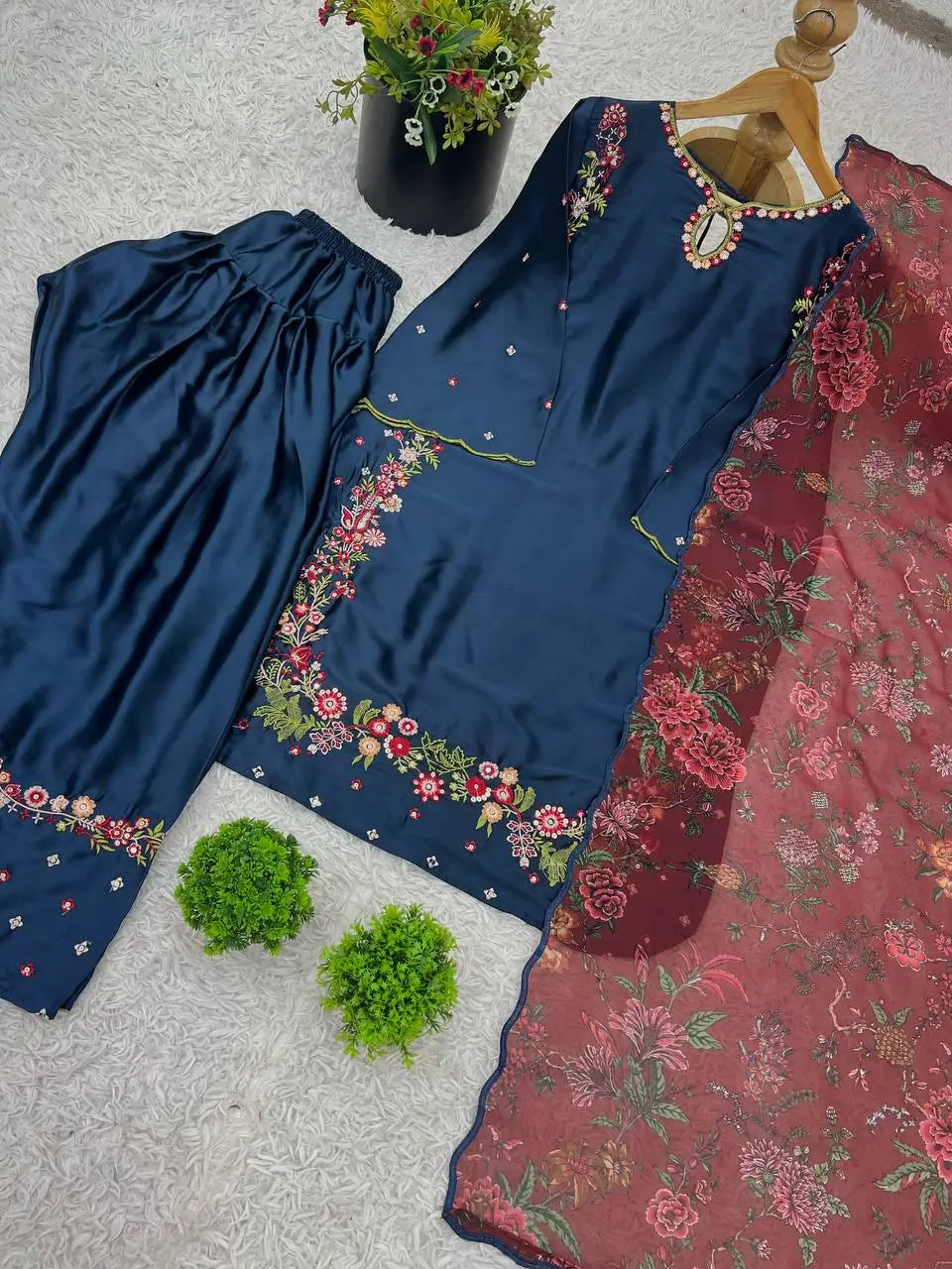 Designer Pure Crepe Silk Embroidered Suit Set with Dupatta
