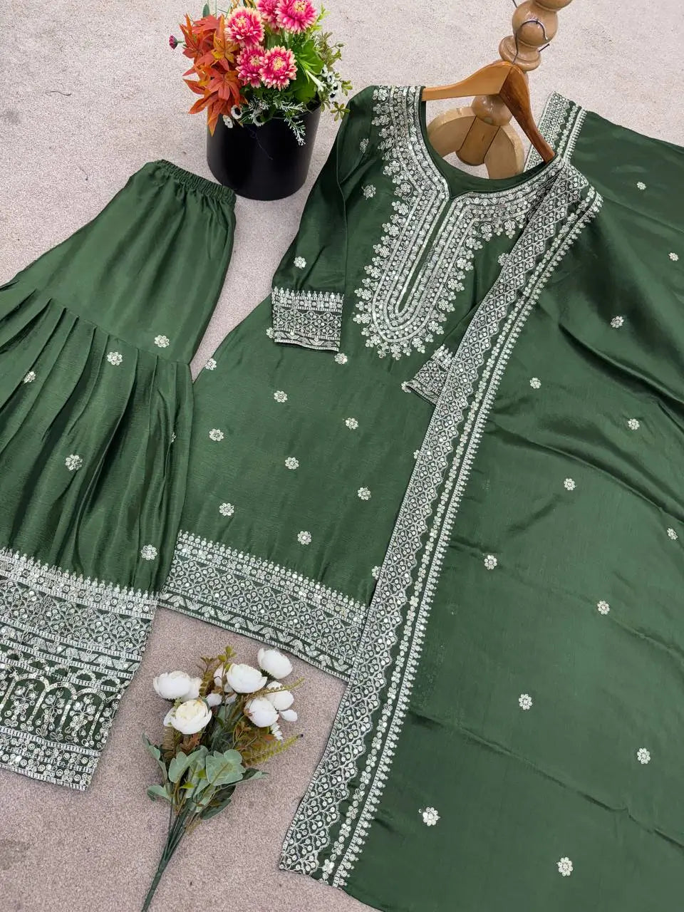 Designer Pure Heavy Chinnon Silk Embroidered Sharara Suit with Dupatta | Stitched 3-Piece Set for Women