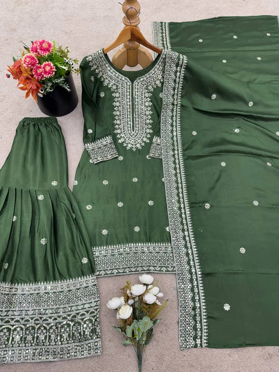 Designer Pure Heavy Chinnon Silk Embroidered Sharara Suit with Dupatta | Stitched 3-Piece Set for Women