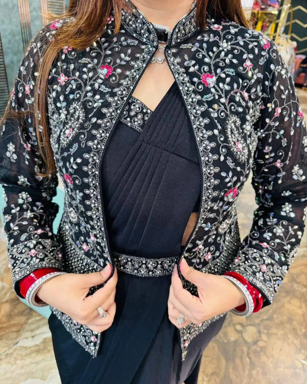 Designer Ready to Wear Crepe Silk Saree with Embroidered Jacket