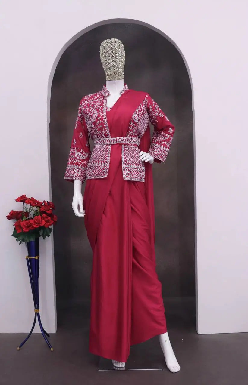 Designer Ready to Wear Crepe Silk Saree with Embroidered Jacket