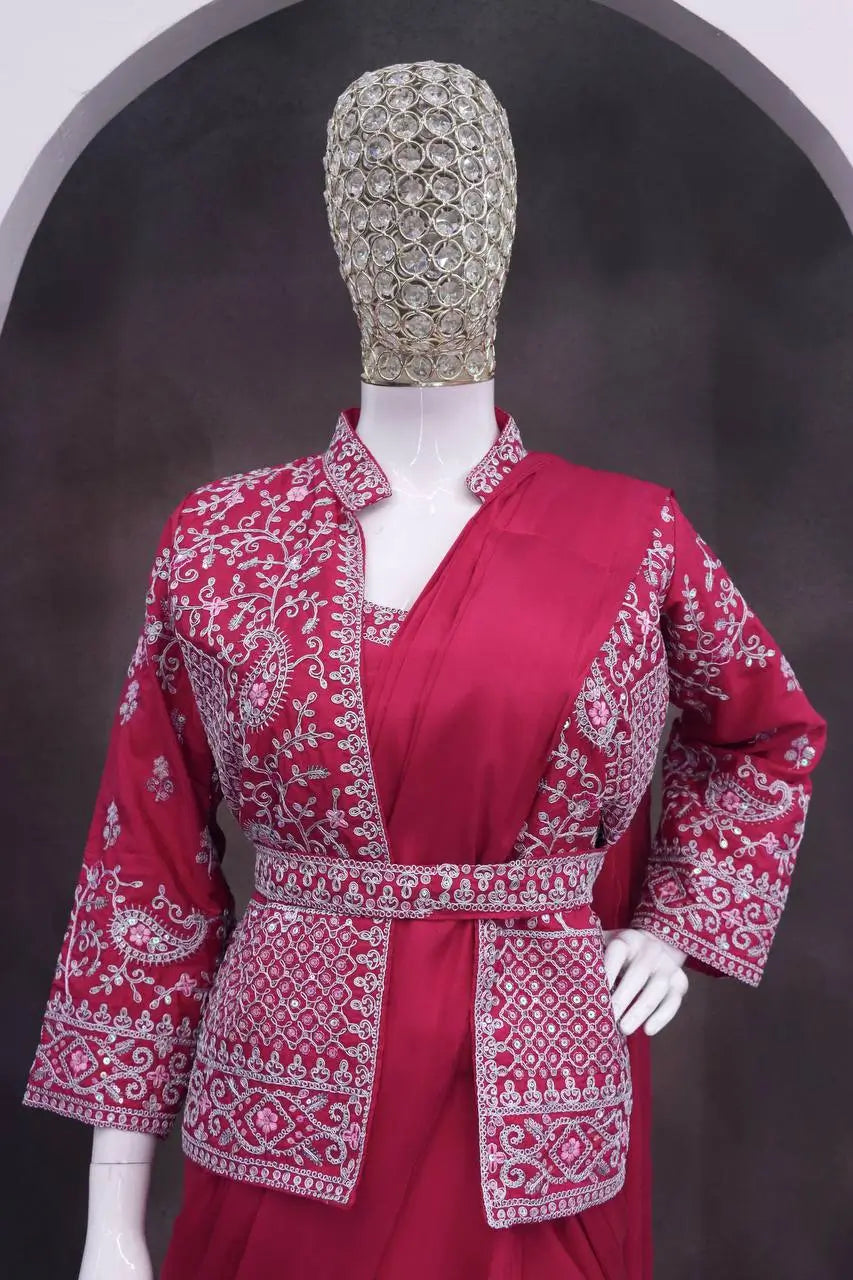 Designer Ready to Wear Crepe Silk Saree with Embroidered Jacket