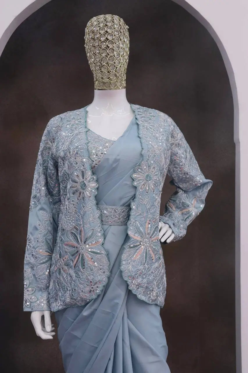 Designer Ready to Wear Crepe Silk Saree with Embroidered Koti for Wedding and Party Wear
