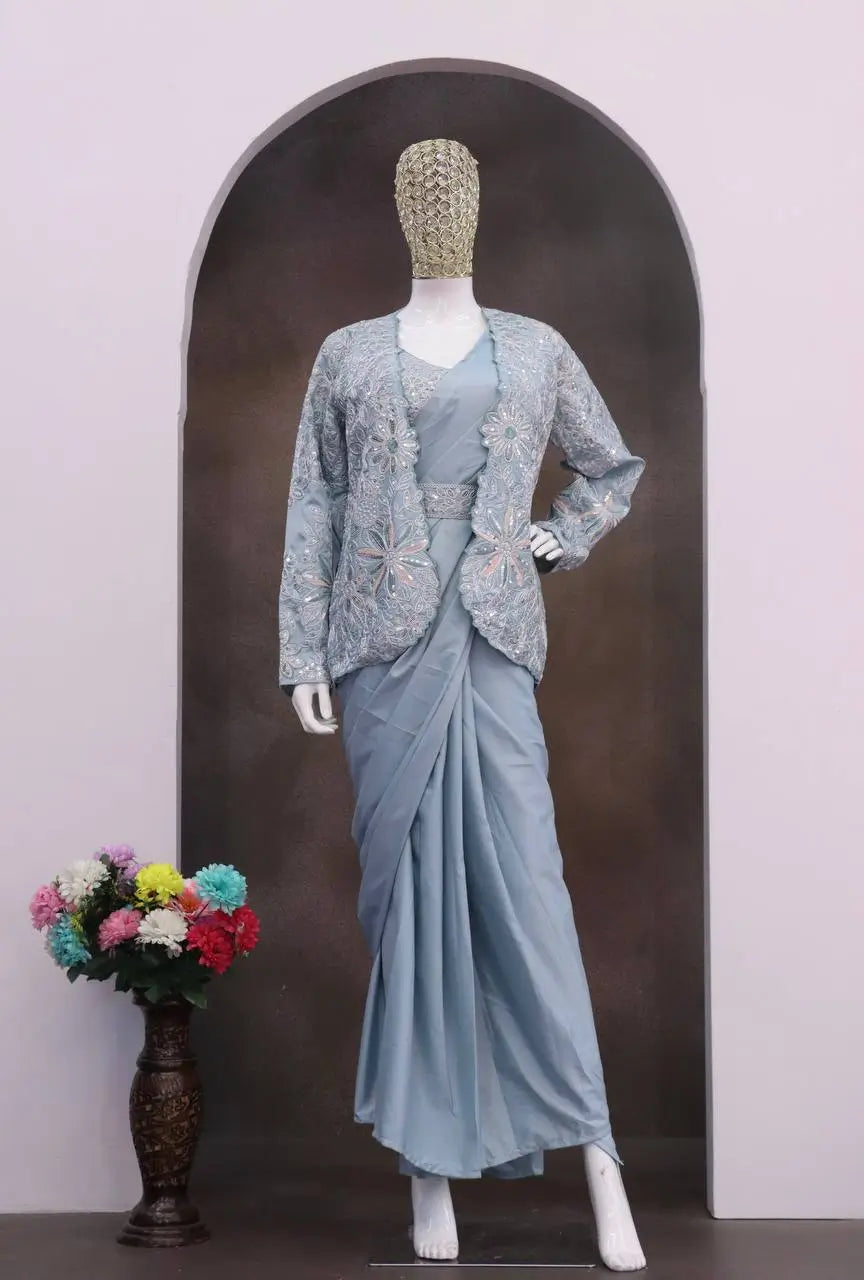 Designer Ready to Wear Crepe Silk Saree with Embroidered Koti for Wedding and Party Wear