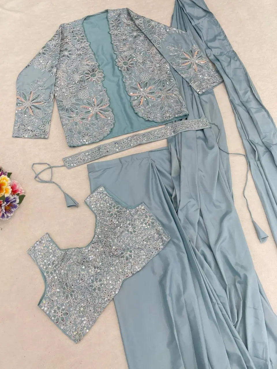 Designer Ready to Wear Crepe Silk Saree with Embroidered Koti for Wedding and Party Wear
