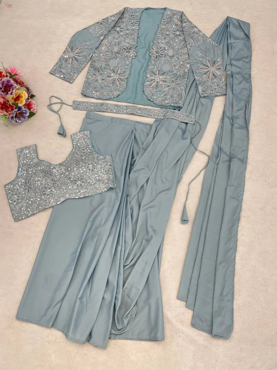 Designer Ready to Wear Crepe Silk Saree with Embroidered Koti for Wedding and Party Wear
