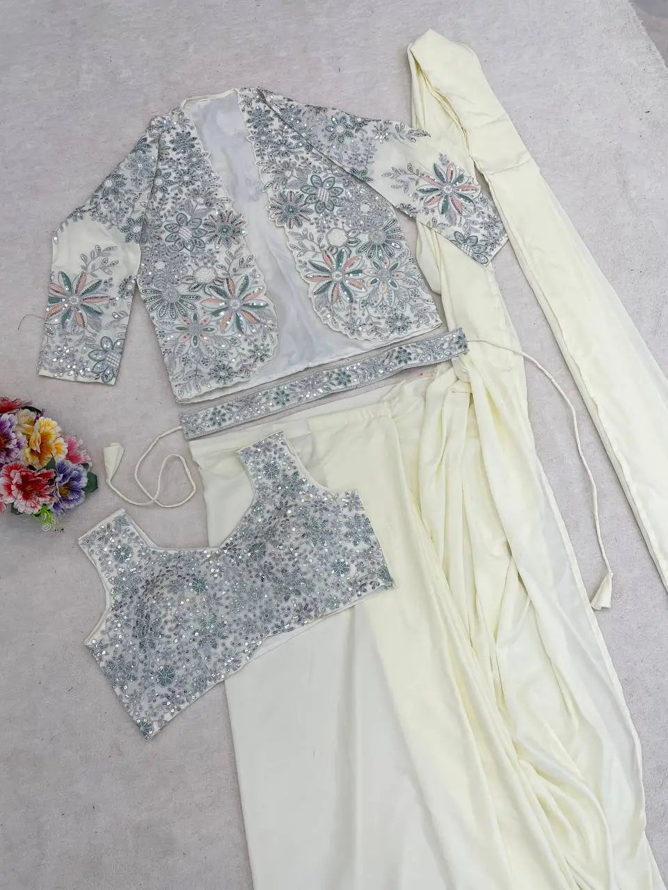 Designer Ready to Wear Crepe Silk Saree with Embroidered Koti for Wedding and Party Wear