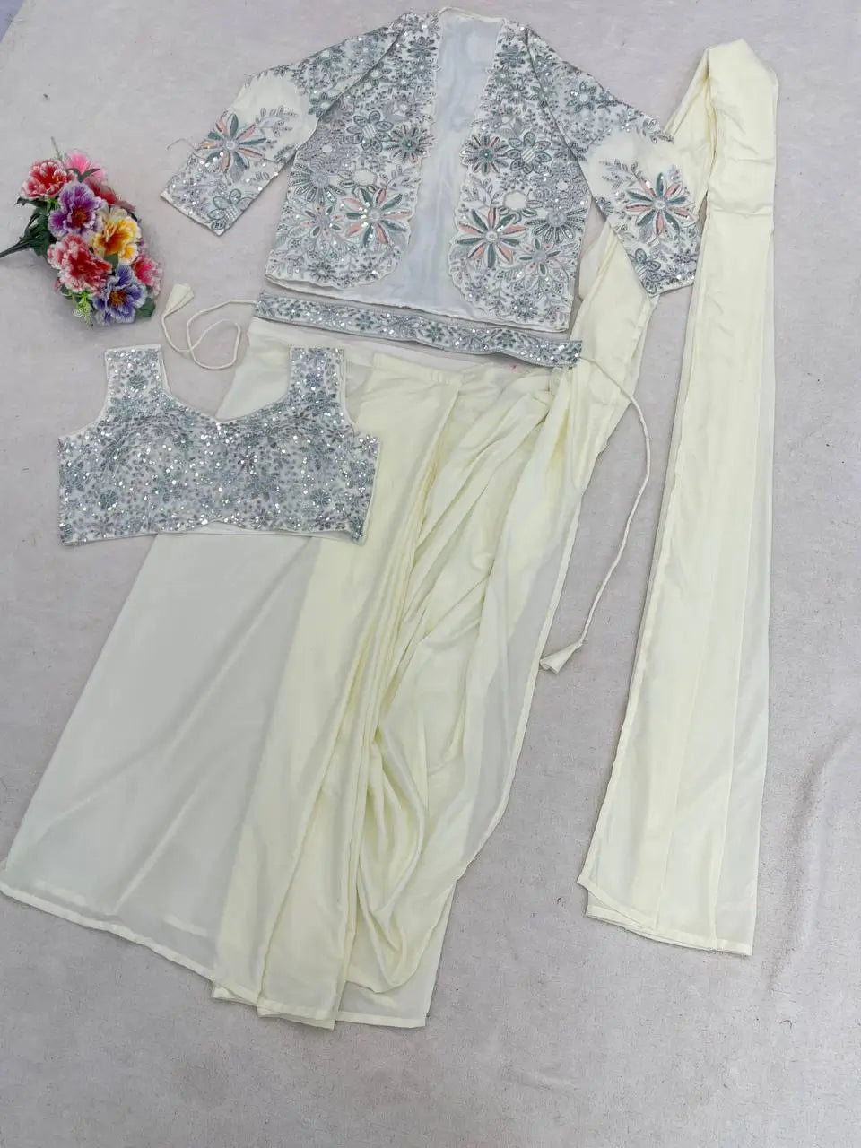 Designer Ready to Wear Crepe Silk Saree with Embroidered Koti for Wedding and Party Wear