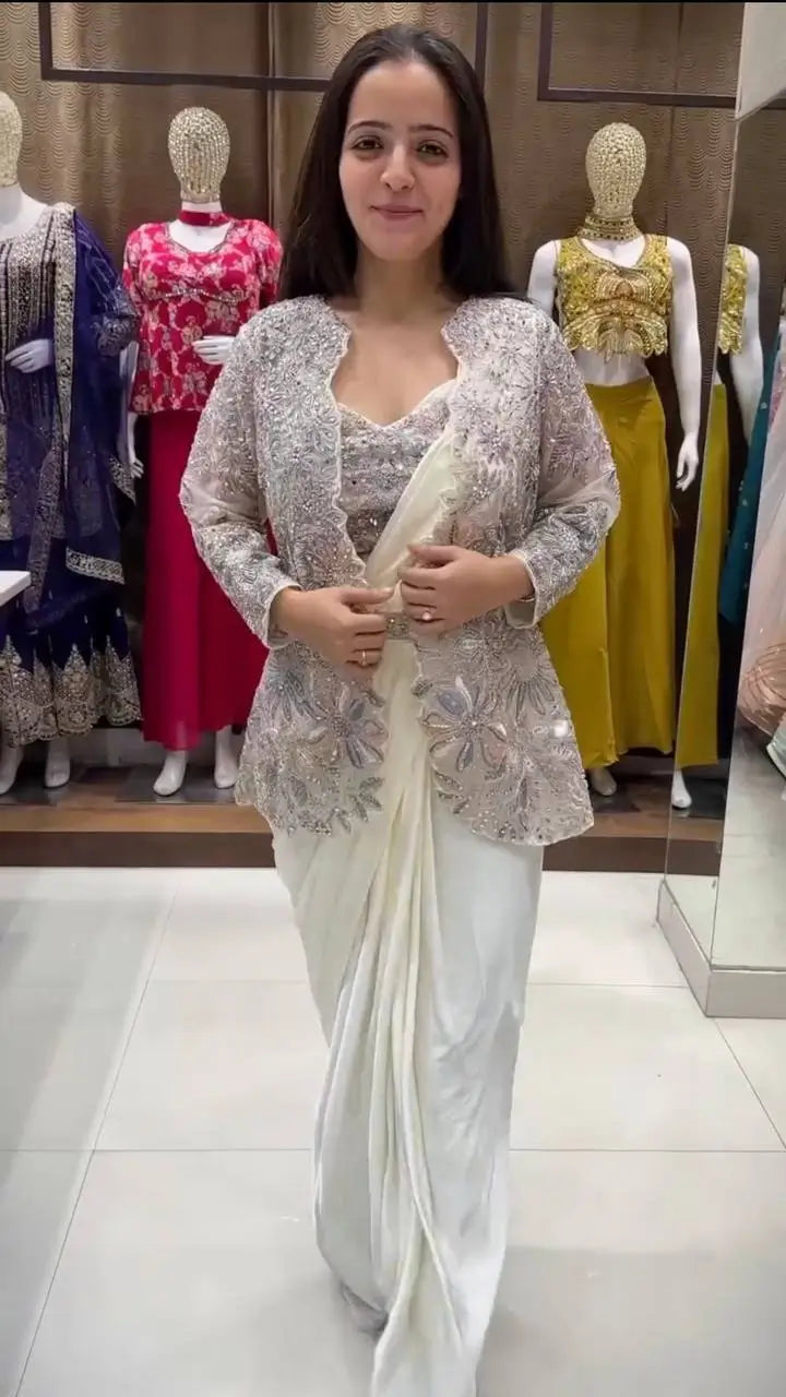 Designer Ready to Wear Crepe Silk Saree with Embroidered Koti for Wedding and Party Wear