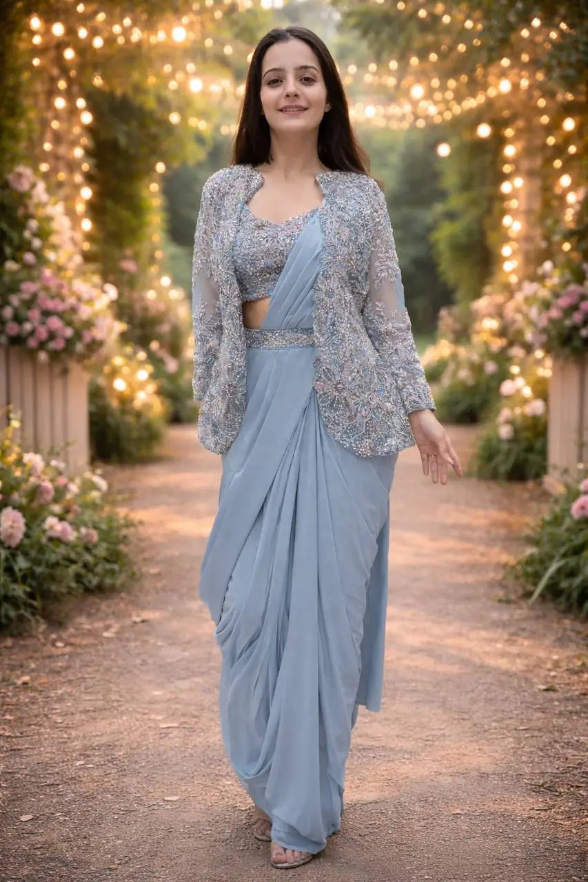 Designer Ready to Wear Crepe Silk Saree with Embroidered Koti for Wedding and Party Wear