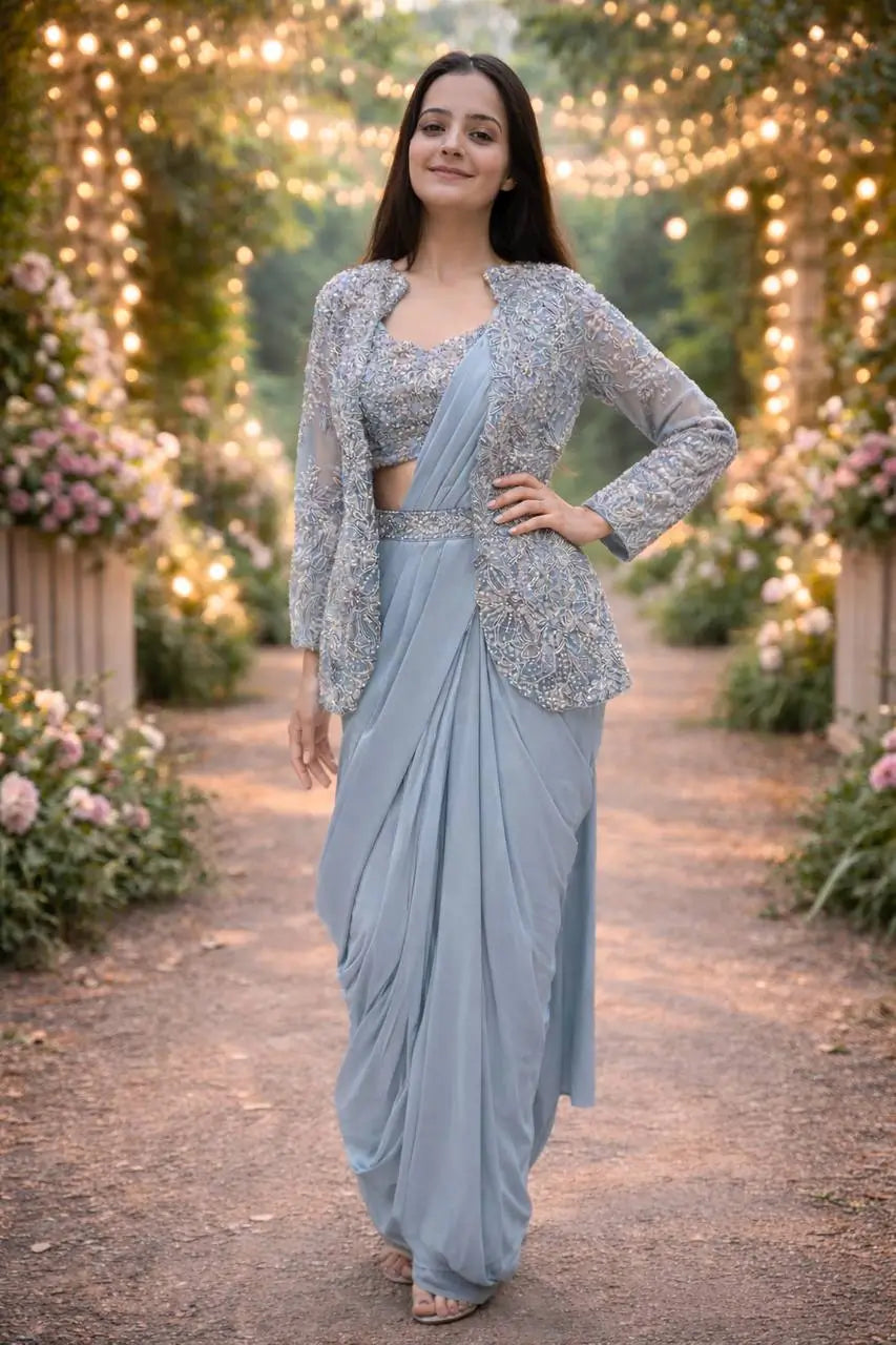 Designer Ready to Wear Crepe Silk Saree with Embroidered Koti for Wedding and Party Wear
