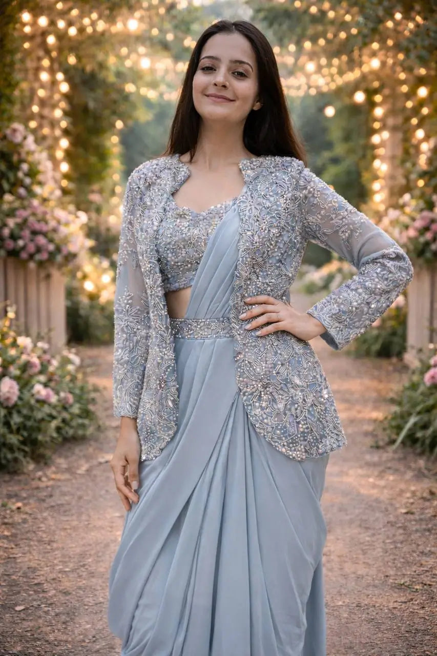 Designer Ready to Wear Crepe Silk Saree with Embroidered Koti for Wedding and Party Wear