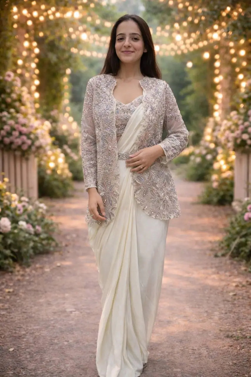 Designer Ready to Wear Crepe Silk Saree with Embroidered Koti for Wedding and Party Wear