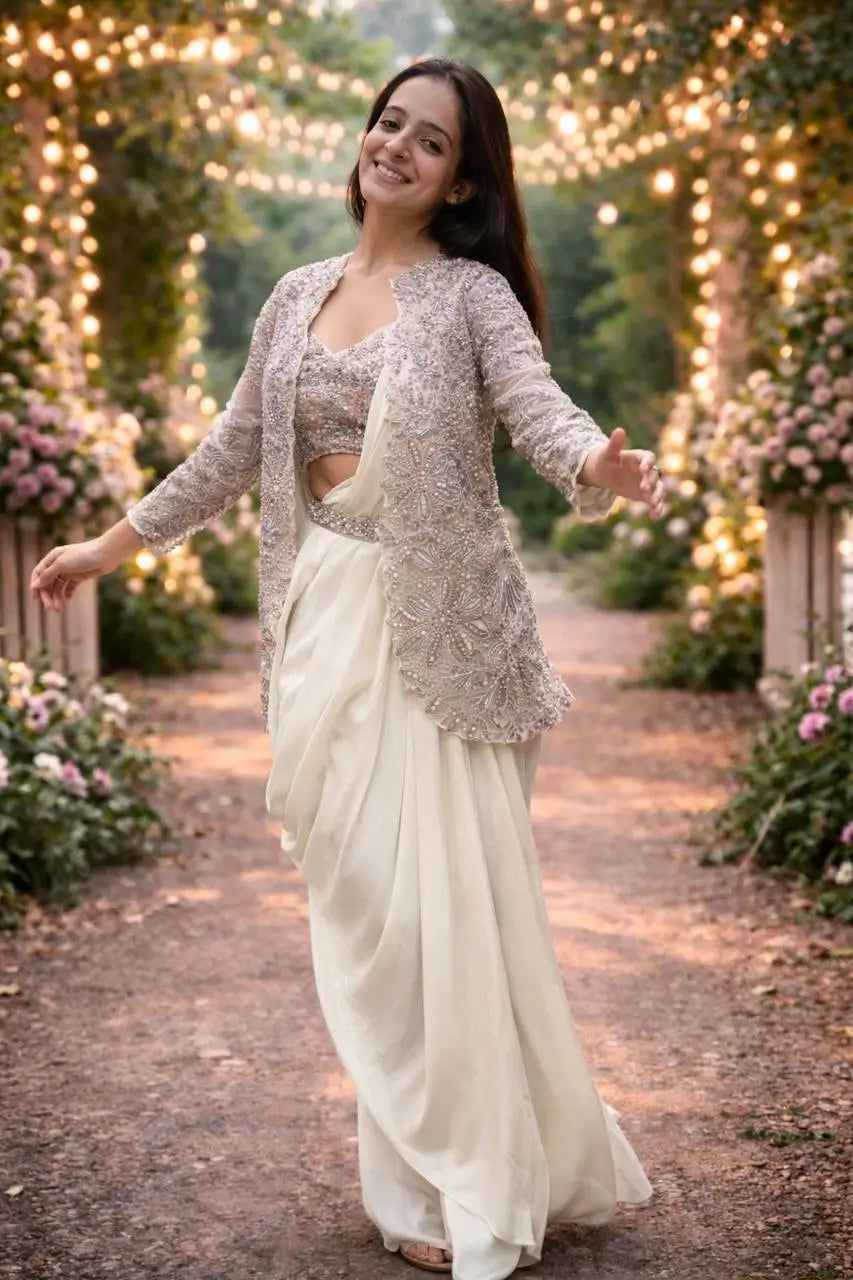 Designer Ready to Wear Crepe Silk Saree with Embroidered Koti for Wedding and Party Wear