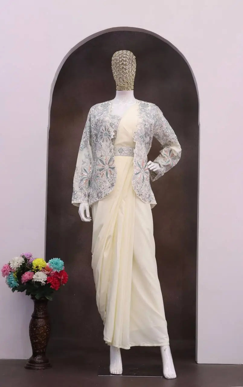 Designer Ready to Wear Crepe Silk Saree with Embroidered Koti for Wedding and Party Wear