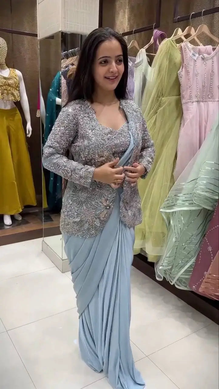 Designer Ready to Wear Crepe Silk Saree with Embroidered Koti for Wedding and Party Wear