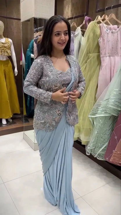 Designer Ready to Wear Crepe Silk Saree with Embroidered Koti for Wedding and Party Wear