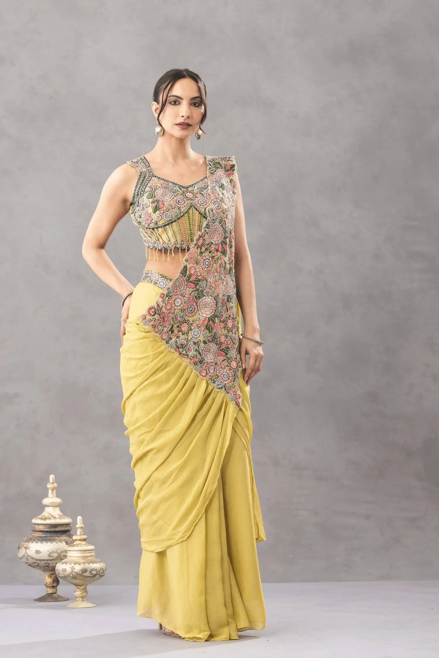 Designer Ready to Wear Embroidered Chinon Saree for Festive and Party Wear