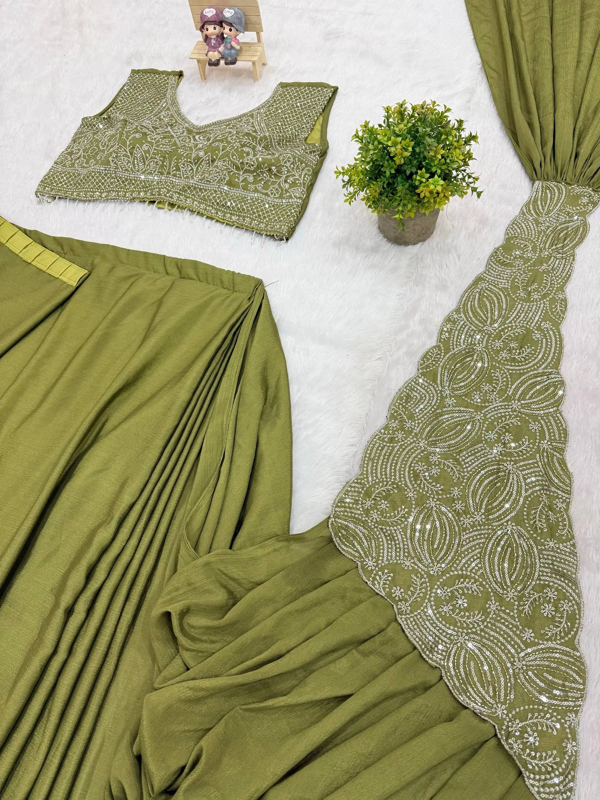 Designer Ready to Wear Embroidered Chinon Saree for Festive and Party Wear