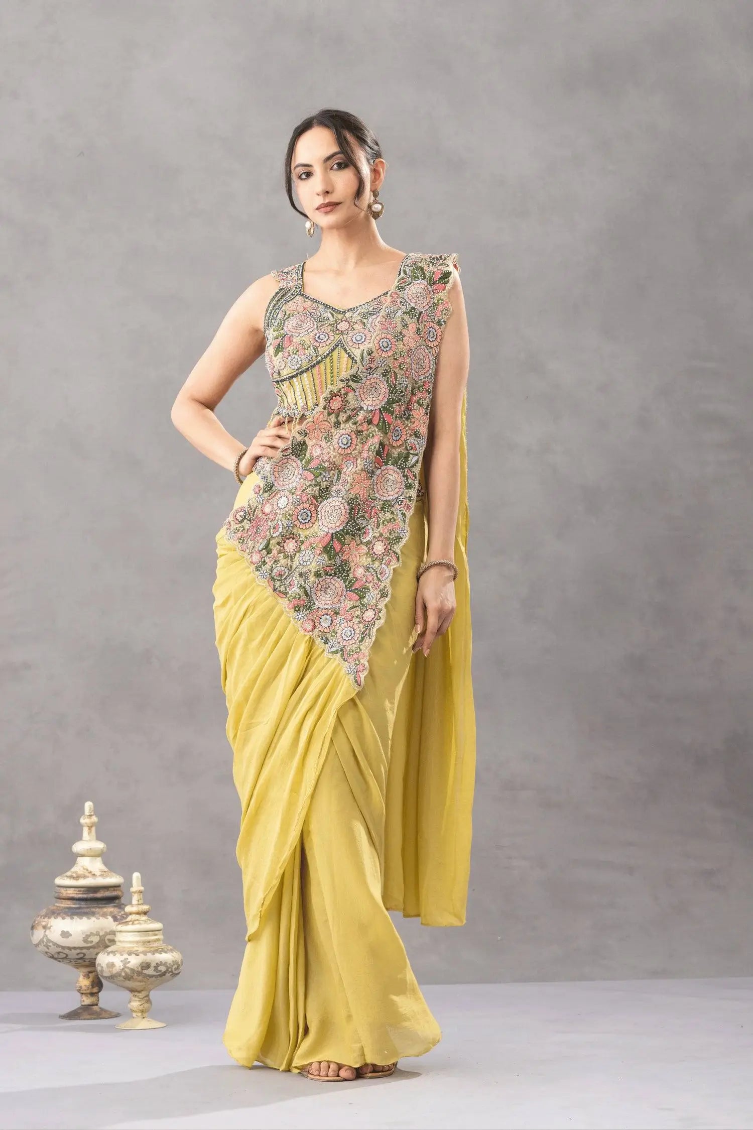 Designer Ready to Wear Embroidered Chinon Saree for Festive and Party Wear