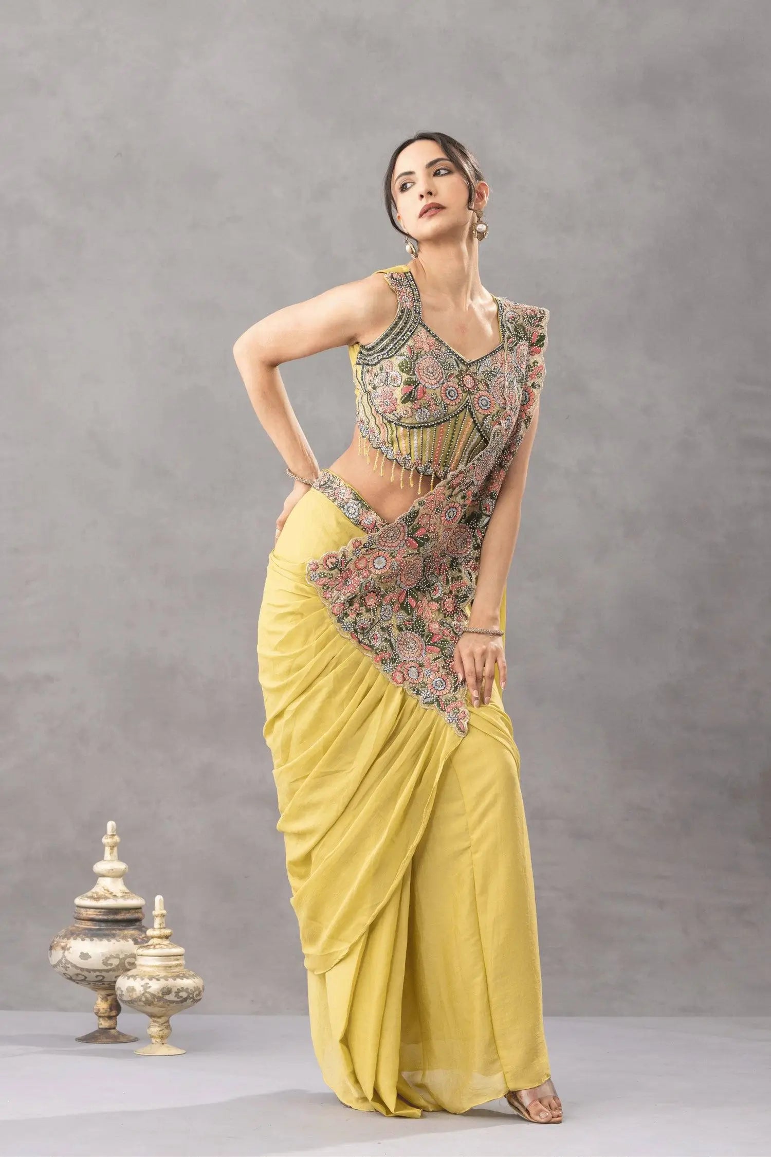Designer Ready to Wear Embroidered Chinon Saree for Festive and Party Wear