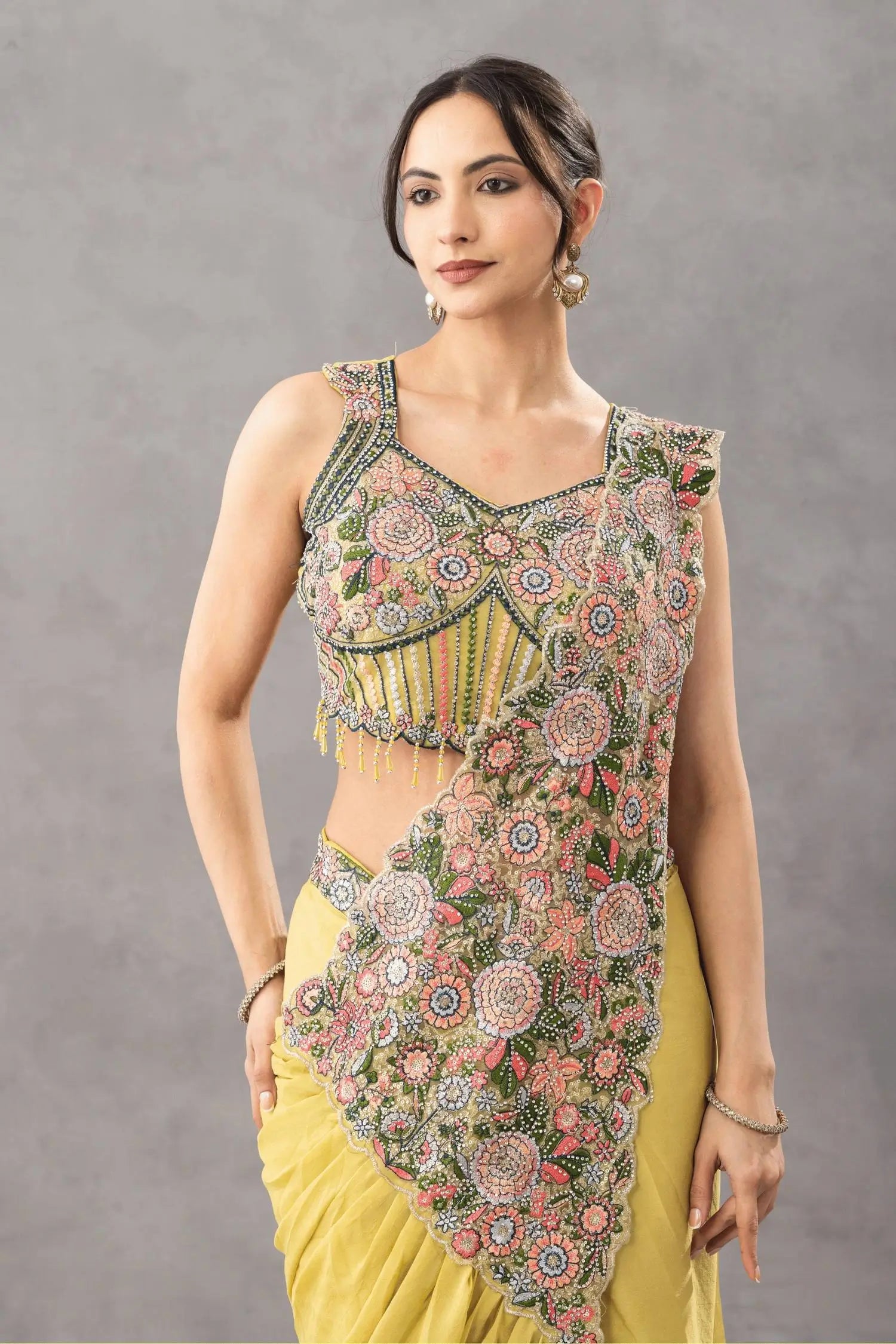 Designer Ready to Wear Embroidered Chinon Saree for Festive and Party Wear