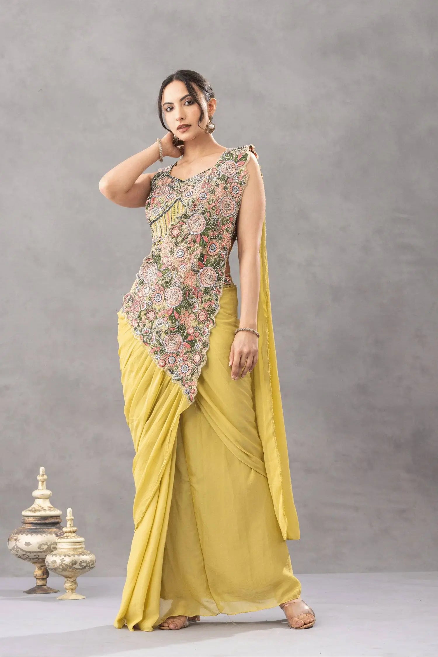 Designer Ready to Wear Embroidered Chinon Saree for Festive and Party Wear