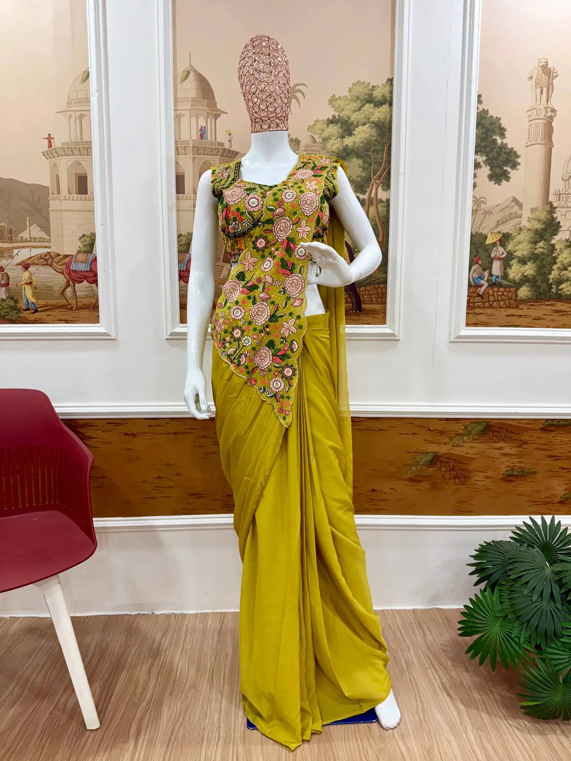 Designer Ready to Wear Embroidered Chinon Saree for Festive and Party Wear