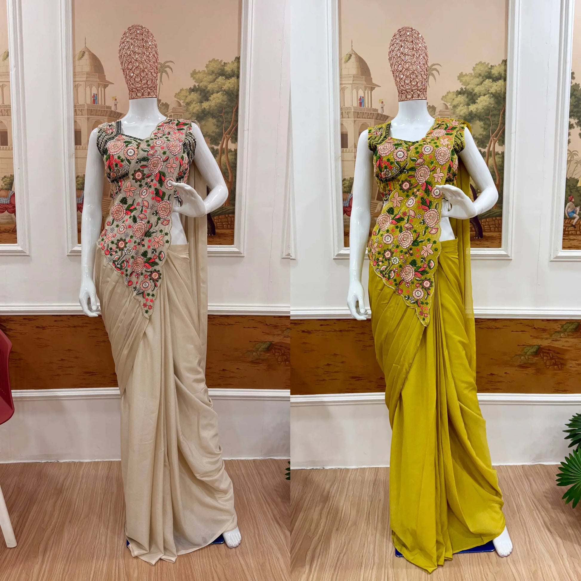 Designer Ready to Wear Embroidered Chinon Saree for Festive and Party Wear
