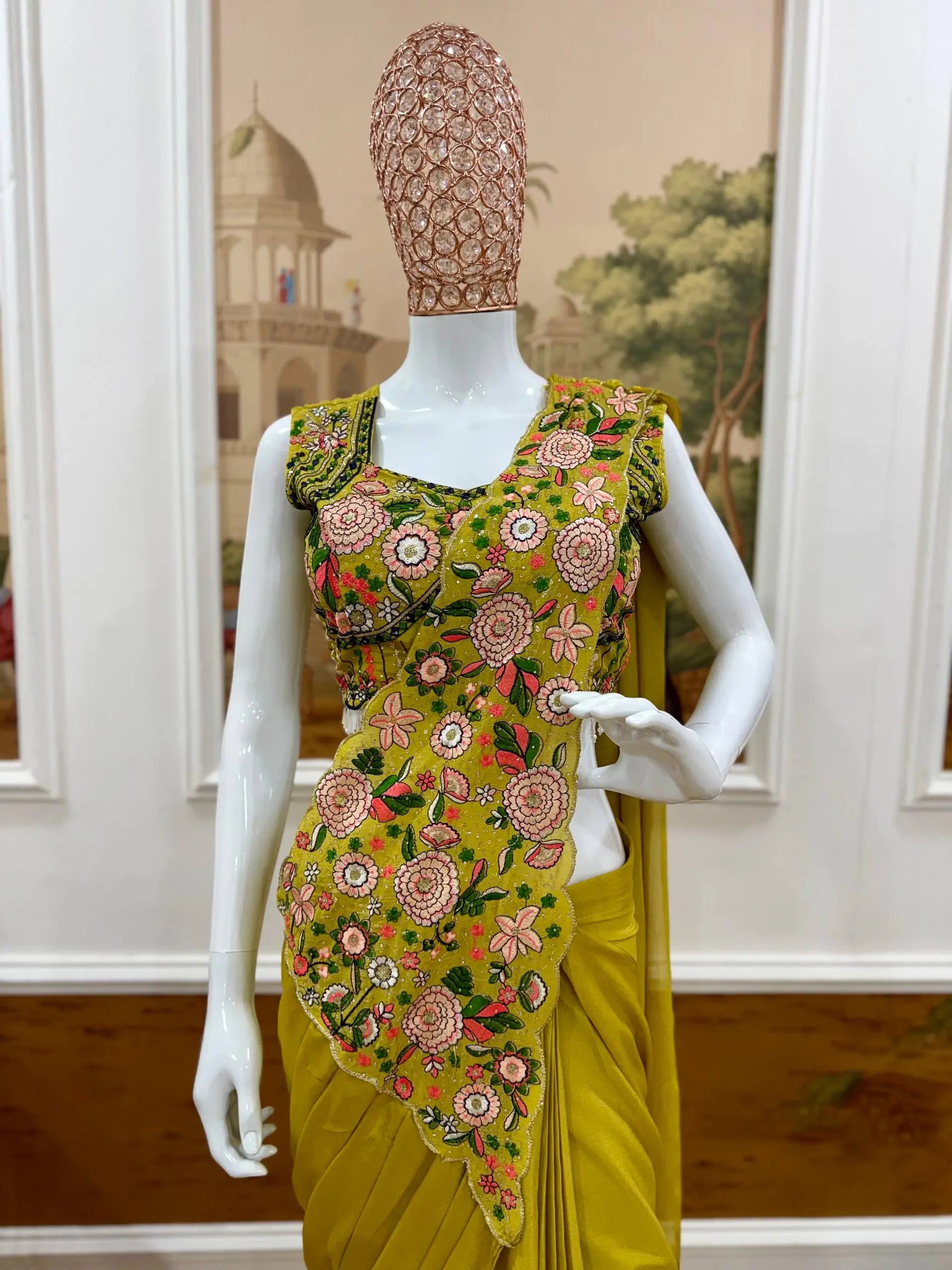 Designer Ready to Wear Embroidered Chinon Saree for Festive and Party Wear