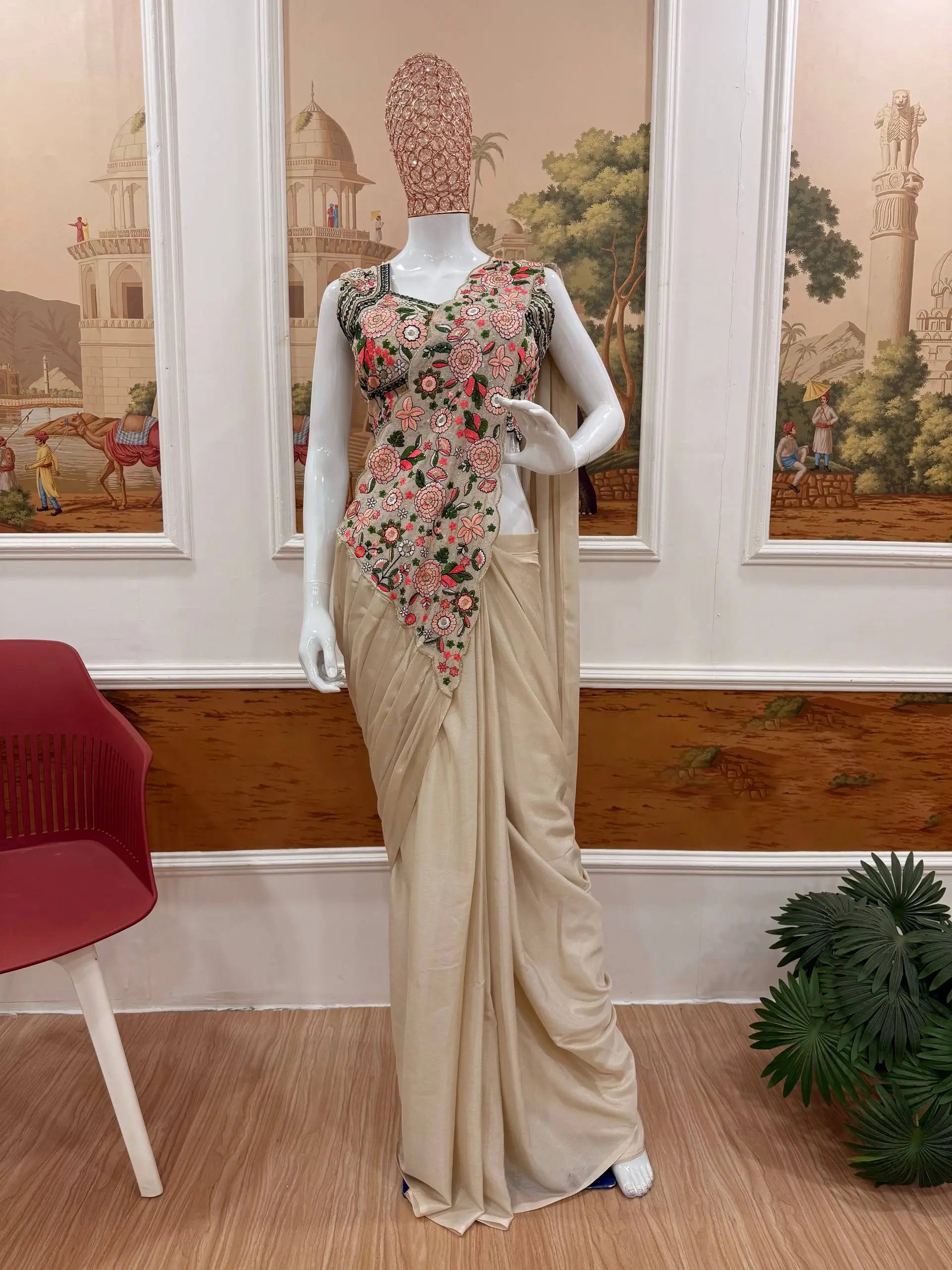 Designer Ready to Wear Embroidered Chinon Saree for Festive and Party Wear