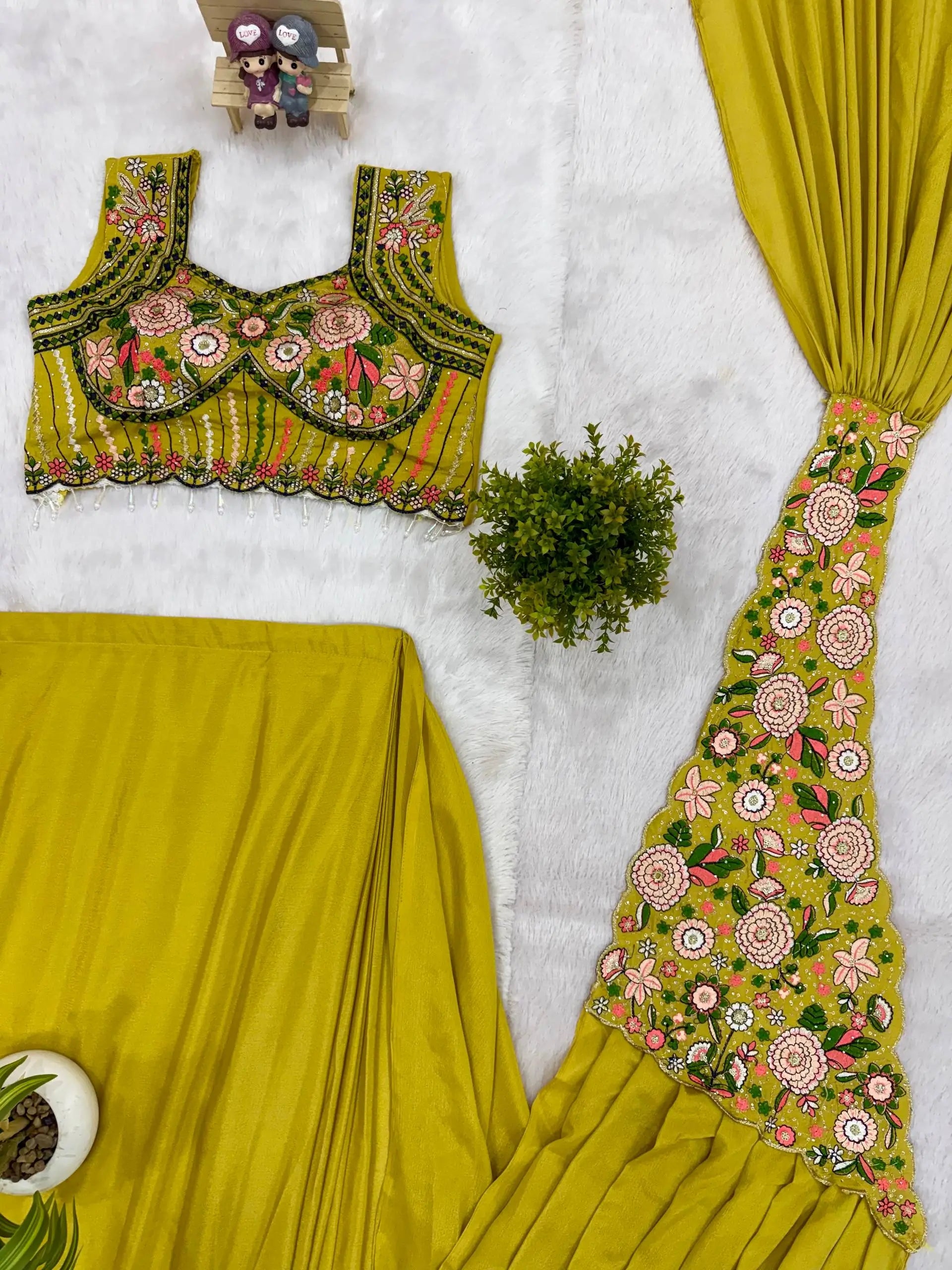 Designer Ready to Wear Embroidered Chinon Saree for Festive and Party Wear