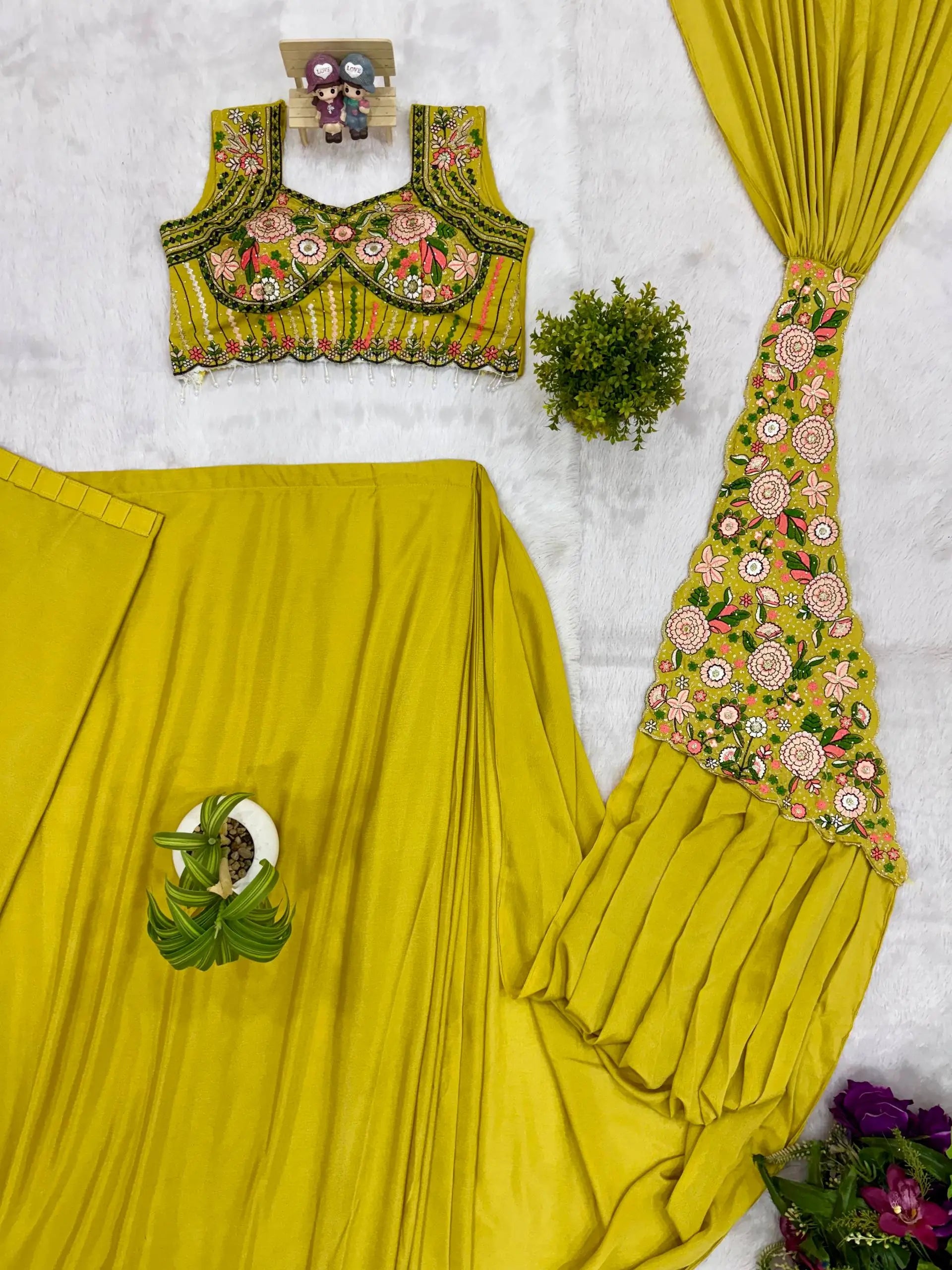 Designer Ready to Wear Embroidered Chinon Saree for Festive and Party Wear