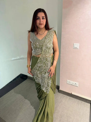 Designer Ready to Wear Embroidered Chinon Saree for Festive and Party Wear