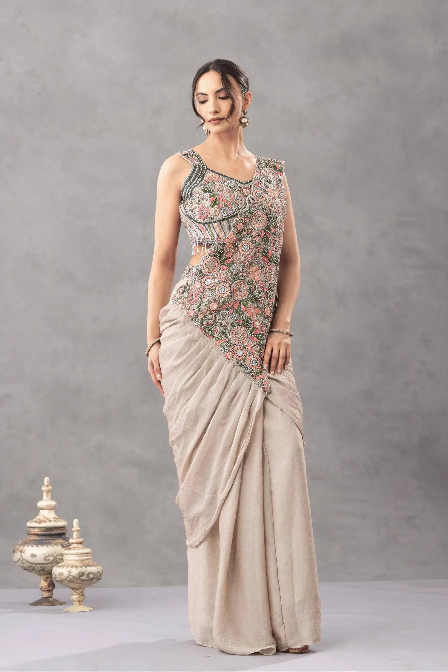 Designer Ready to Wear Embroidered Chinon Saree for Festive and Party Wear