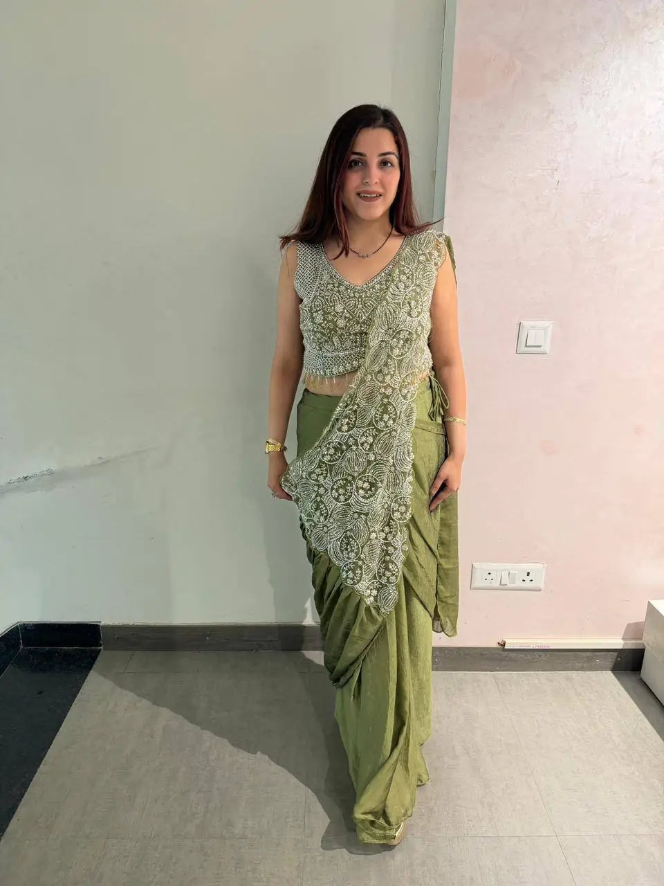 Designer Ready to Wear Embroidered Chinon Saree for Festive and Party Wear