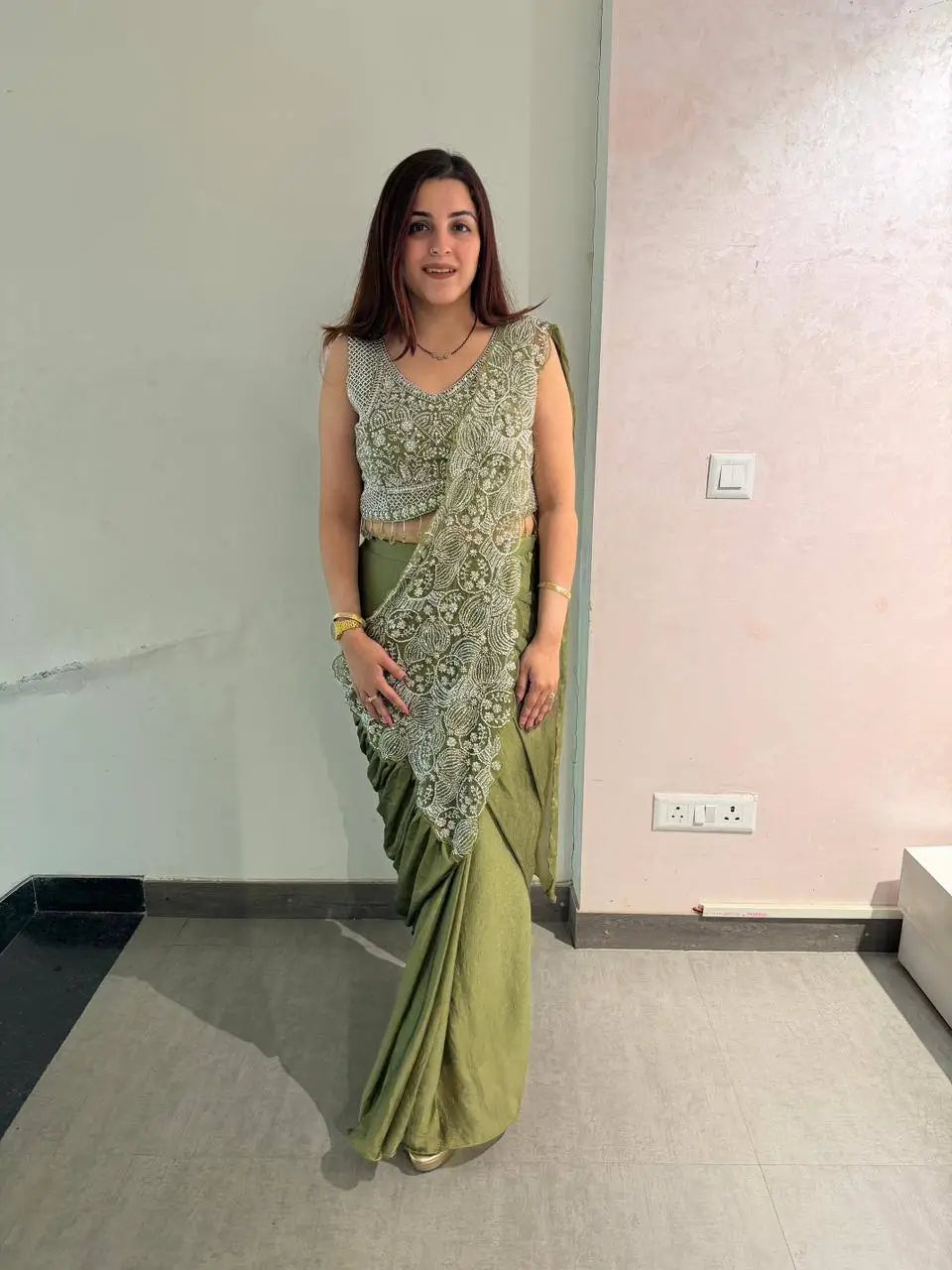 Designer Ready to Wear Embroidered Chinon Saree for Festive and Party Wear