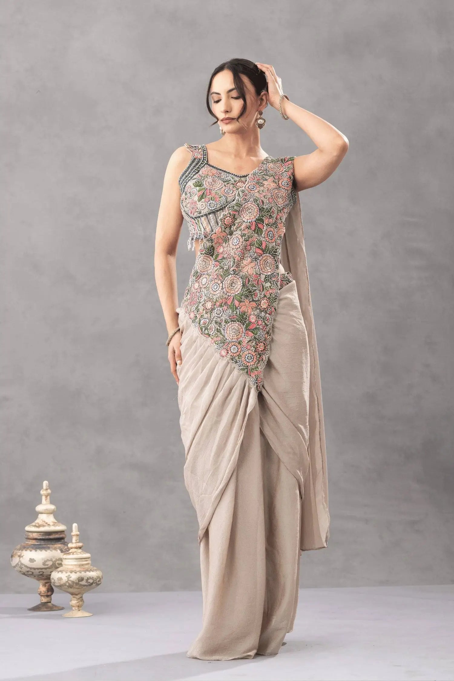 Designer Ready to Wear Embroidered Chinon Saree for Festive and Party Wear